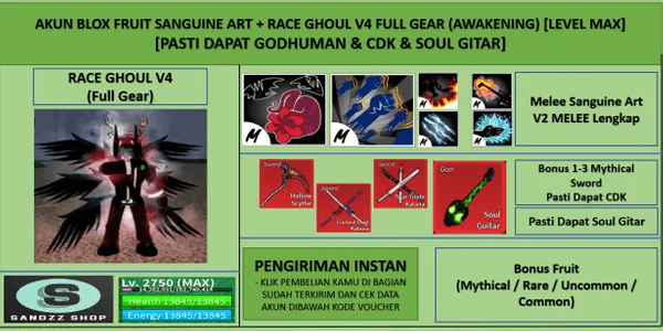 Akun Blox Fruit Sanguine Art + Race Ghoul V4 Full Gear (Awakening) (Godhuman + CDK + Soul Guitar) [Level MAX]