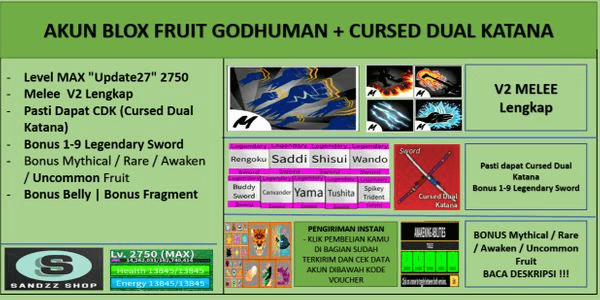 Gambar Product Blox Fruit Account GODHUMAN+CURSED DUAL KATANA [Level MAX] [DATPOL]