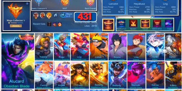 Gambar Product #2985 | 431 Skins | Legend Alucard | Collector Natalia | Zero Roger | Neobeast Ling | Naruto & Sasuke | HunterXHunter Killua | Soul Vessels
