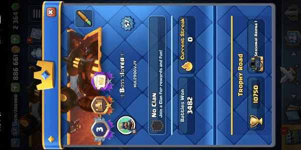 Gambar Product Clash Royale Lv57 | King Tower 15 | Seasonal Arena 1 | 10750 Trophy | 16 Evo | 12 Elite Cards | 39 Max Cards | 121 Total Cards | 113 Emote