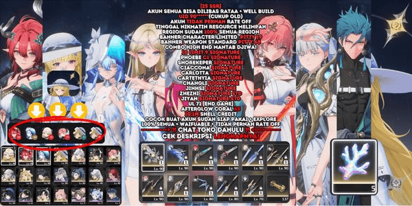 Gambar Product [25 SSR][AKUN LUCKY][10 LIMIT 9 SIGNATURE STD][PHOEBE C1,SHOREKEEPER,CIACCONA,CARLOTTA,CARTETHYIA,CHANGLI,JINHSI SIGN]+[ZHZHI,JYN SIGN STD]+DESC![SEA]