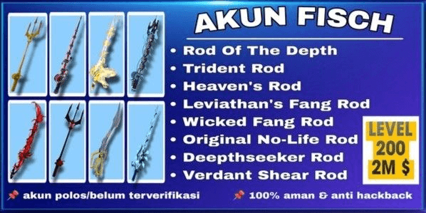Gambar Product FISCH ACCOUNT [ROD OF THE DEPHTS] [TRIDENT] [HEAVEN'S ROD] [DESTINY ROD] [PHOENIX ROD] LVL 100++ CS 1M-2M