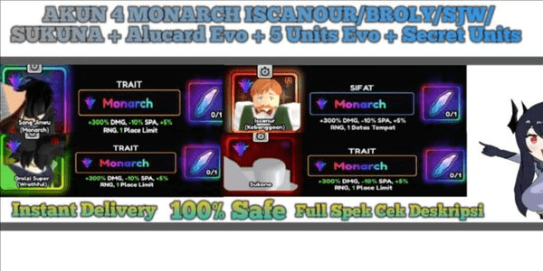 Gambar Product AKUN 4 MONARCH ISCANOUR/BROLY/SJW/SUKUNA + Alucard Evo + 5 Units Evo + Secret Units
