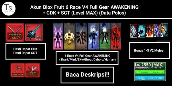 Gambar Product Akun Blox Fruit 6 Race V4 Full Gear AWAKENING + CDK + SGT (Level MAX) (Data Polos)