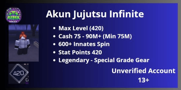 Gambar Product Akun Max Level (420), 75M+ Cash, 600+ Innates Spin and More | Jujutsu Infinite