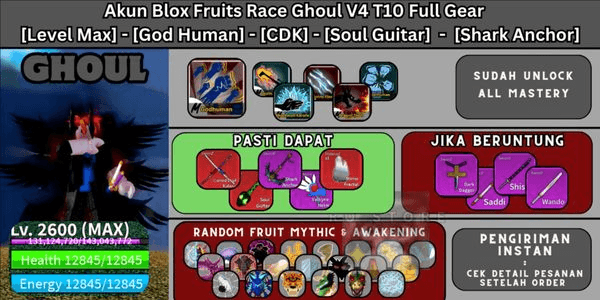 Gambar Product Blox Fruits Race Ghoul V4 T10 Full Gear Account [Level Max] - [God Human] - [CDK] - [Soul Guitar] - [Shark Anchor] PLAIN DATA!!