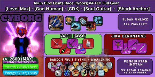 Gambar Product Blox Fruits Race Cyborg Account V4 T10 Full Gear [Level Max] - [God Human] - [CDK] - [Soul Guitar] - [Shark Anchor] PLAIN DATA!!