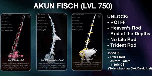 Gambar Product Akun Fisch Level 750 (MAX) | Rotff, No-Life Rod, Heaven's Rod, Rod of The Depths, Trident Rod | (Unverified 13+)