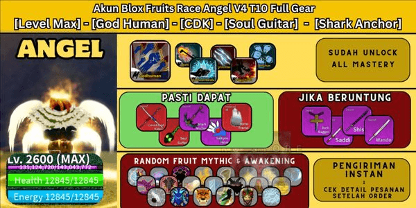 Gambar Product Blox Fruits Race Angel V4 T10 Full Gear Account [Level Max] - [God Human] - [CDK] - [Soul Guitar] - [Shark Anchor] PLAIN DATA!!