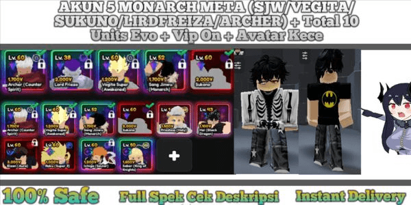 Gambar Product ACCOUNT 5 MONARCH META (SJW/VEGITA/SUKUNO/LIRDFREIZA/ARCHER) + Total 10 Units Evo + Vip On + Cool Avatar