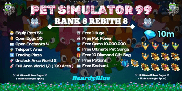 Gambar Product Account Pet Simulator 99 | Rank 8 Rebith 8 | Unlocked Trade & Booth | Pengiriman Instant