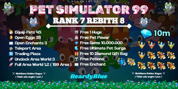 Gambar Product Account Pet Simulator 99 | Rank 7 Rebith 8 | Unlocked Trade & Booth | Pengiriman Instant