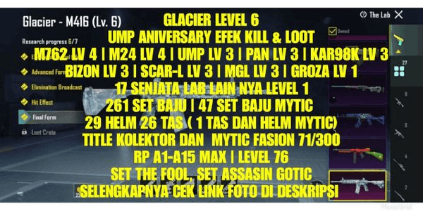 Gambar Product GLACIER LEVEL 6 | UMP ANNIVERSARY KILL AND LOOT EFFECT | 15 RP MAX | 2 PETS | 27 LAB WEAPONS | COLLECTOR AND MF 71/300 | 261 OUTFIT SETS