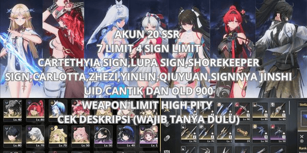 Gambar Product [SEA] 20 SSR 7 LIMIT 4 SIGN, CARTETHYIA SIGN, LUPA SIGN, SHOREKEEPER SIGN, CARLOTTA, ZHEZI, YINLIN, QIUYUAN, SIGN JINSHI, UID OLD 900