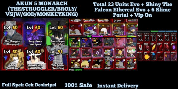 Gambar Product AKUN 5 MONARCH (THESTRUGGLER+Skin/BROLY/VSJW/GOD/MONKEYKING) + Total 23 Units Evo + Shiny The Falcon Ethereal Evo + 6 Slime Portal + Vip On