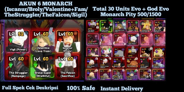 Gambar Product AKUN 6 MONARCH (Iscanur/Broly/Valentine+Fam/TheStruggler/TheFalcon/Sigil) Total 30 Units Evo + God Evo Monarch Pity 500/1500