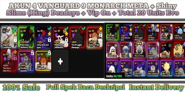 Gambar Product AKUN 4 VANGUARD 9 MONARCH META + Shiny Slime (King) Deadeye + Vip On + Total 20 Units Evo