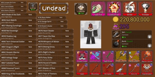 Gambar Product Akun King Legacy Max - Draken Fangs - Sonata - Abyssal Crab Xe - DawnBreaker - Justice Fist - Gale Fist - Trickster - Striker - 2x Drop