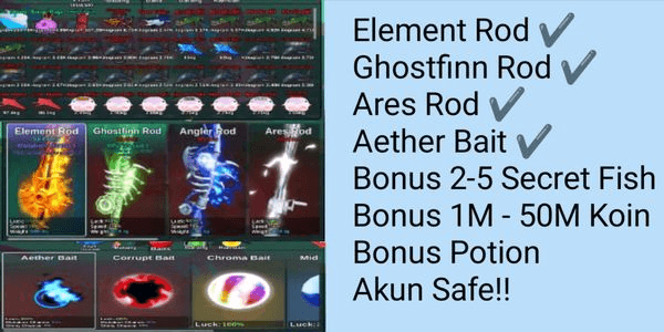 Gambar Product Account Element Rod + Many Rod Bonuses + Bait Bonuses + Coin Bonuses + Secret Fish Bonuses - Fisch It!