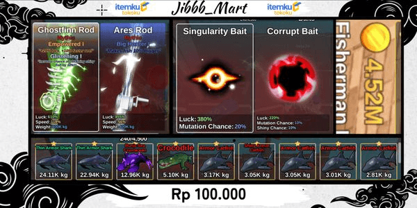 Gambar Product Akun Ghostfin Rod + Singularity + 2 Secret + 4,52 M Coin. FISH IT