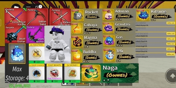 Gambar Product 11 permanent fruits, 6 race v4, 5 game pass, 4 fruit stroage, 30 swords, 7 fighting style, 36 accessories, bonus devil fruits