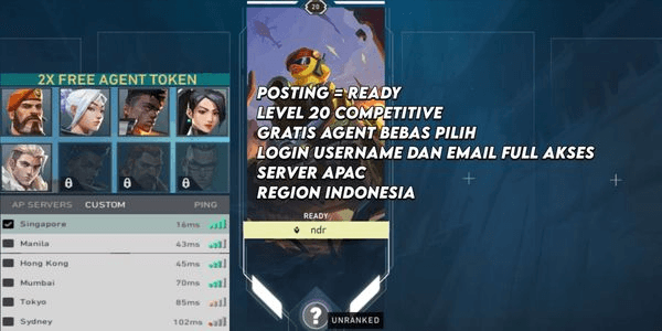 Gambar Product Account Starter Level 20 Valorant, Smurf, Ready for Competitive Valo