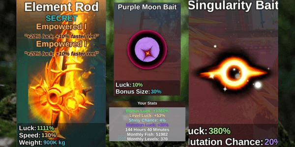 Gambar Product Akun Elemental Rod (Empowered I + Empowered I) + Singularity Bait & Purple Moon Bait - Fish It!