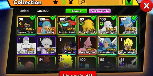 Gambar Product akun anime adventure divine honey, divine guts, celestial frieren sss spa, reaper escanor evo 3,bubblegum unevo,gamepass vip, display 3 unit, avatar