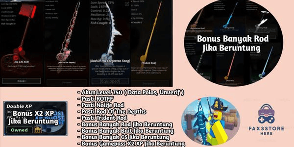 Gambar Product Akun Level 750 | The Forgotten Fang Rod | Rod Of The Depths | Nolife Rod | Trident Rod - Fisch