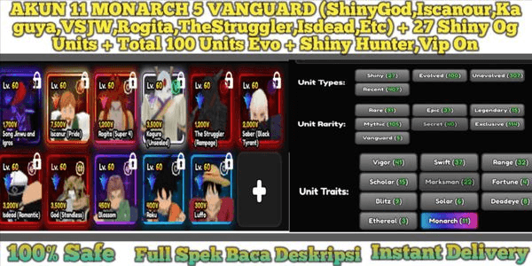 Gambar Product AKUN 11 MONARCH 5 VANGUARD (ShinyGod, Iscanour, Kaguya, VSJW, Rogita, TheStruggler, Etc) + 27 Shiny Og Units + Total 100 Units Evo + Shiny Hunter, Vip On