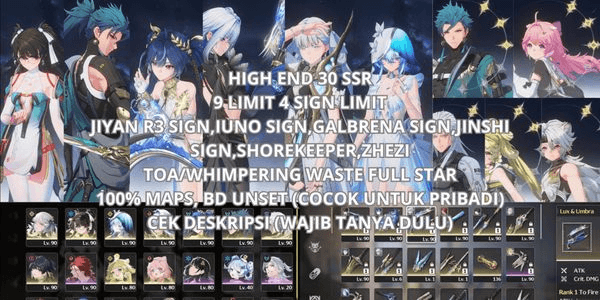 Gambar Product [SEA] HIGH END 30 SSR 9 LIMIT 4 SIGN, JIYAN R3 SIGN, IUNO SIGN, GALBRENA SIGN, JINSHI SIGN, SHOREKEEPER, ZHEZI, B5 OTHER STANDARD, BD UNSET