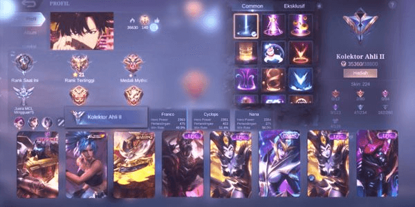 Gambar Product akun zodiak irithel, blazing franco, saber jhonson freya, hero max & emblem max, recal tas" Salju idaman, log moonton all data aman
