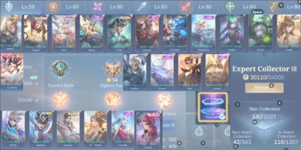 Gambar Product (4) MLBB Account GG Emblem, 140 Skins, Seiya Chou, Badang Col Nata Skin Equivalent to Epic 21, Recall Epic SeaOfAnvil