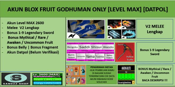 Gambar Product Akun Blox Fruit GODHUMAN [Level MAX] [Datpol] [Belum Verifikasi]