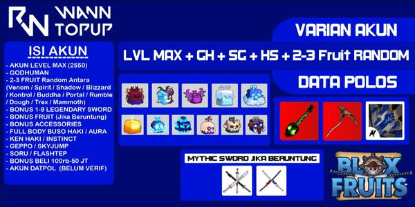 Gambar Product Akun Blox Fruit LEVEL MAX [GODHUMAN + SOUL GUITAR + Hallow Scythe + Random 2-3 Fruit] [Data polos] [Belum Verifikasi]
