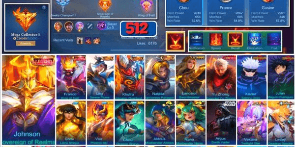 Gambar Product #3178 | 512 Skins | Legend Johnson & Franco | Collector Ling, Kufra & Natalia | Drawing Lancelot | Exorcist Yu Zhong | JJK Gojo & Megumi