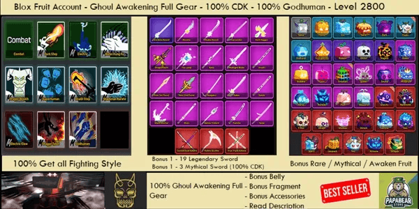 Blox Fruit Account - Level MAX - Race GHOUL V4 Full Gear - Godhuman - CDK - Valk Helm BONUS !!