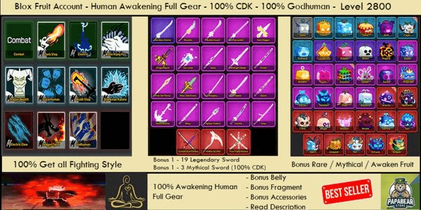 Gambar Product Blox Fruit Account - Level MAX - Race HUMAN V4 Full Gear - Godhuman - CDK - Valk Helm BONUS !!
