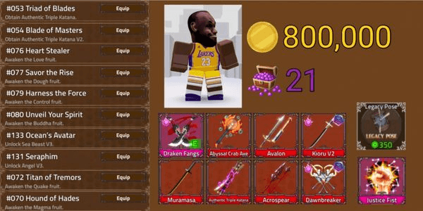 Gambar Product Akun King Legacy - Draken Fangs - Abyssal Crab Axe - DawnBreaker - Legacy Pose