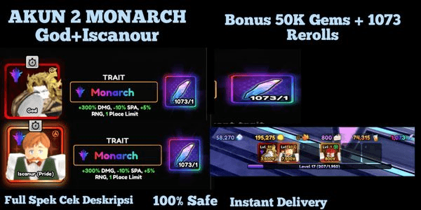 Gambar Product Akun 2 Monarch (God/Iscanur) + 1073 Rrs + 50k Gems
