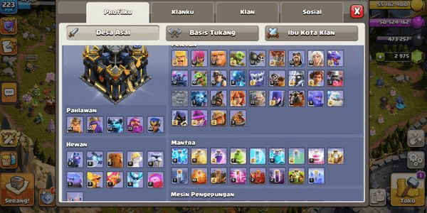 Gambar Product TH 17 SEMI MAX | MAX WALL | LEGENDARY BACKGROUND | LVL 223 | GEMS 2975 | CN 500 | HERO 85 100 73 73 50