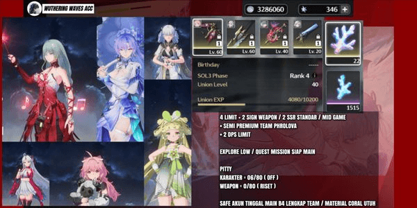 Gambar Product ( SEA ) PHROLOVA SIGN + JINSHI + CANTARELLA + CARLOTTA  ( 4 LIMIT , 2 SIGN WEAPON , 2 SSR STANDAR ) PREMIUM TEAM LITE PHROLOVA + 2 DPS MID GAME
