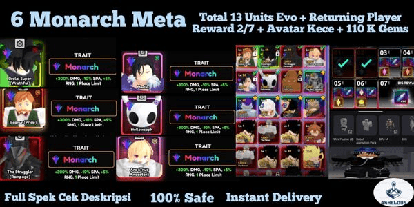 Gambar Product Account 6 Monarch (Iscanur/Broly/TheStruggler/Hollowseph/Arc/Marlin) + Total 13 Units Evo + Returning Player Award 2/7 + 110k Gems + Cool Avatar