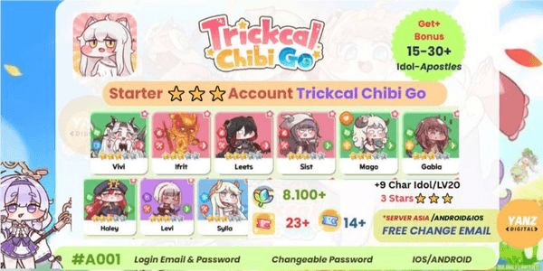 Gambar Product Starter Account Trickcal Chibi Go | Leets, Vivi, Ifrit x9 Rare 3Stars Char + Crystal Leaf + Tickets | Bonus Random 1–2stars