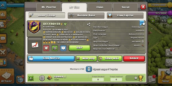 Gambar Product CLAN LVL 21 | DESTROYER | CH 10 MAX | GOLD III