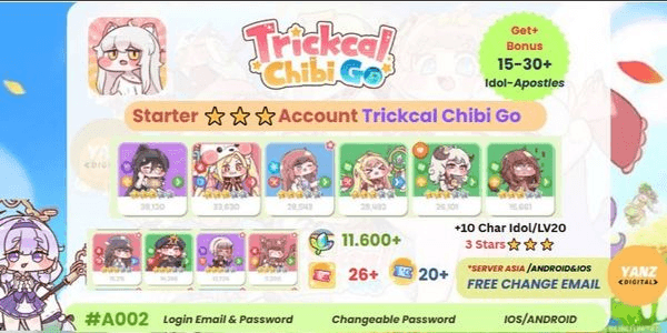 Gambar Product Starter Account Trickcal Chibi Go | Chloe, Hilde, Elena, Erpine x10 Rare 3Stars Char + Crystal Leaf + Tickets | Bonus Random 1–2stars
