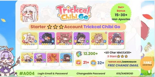 Gambar Product Starter Account Trickcal Chibi Go | Momo, xXionx, Hilde, Canna, Butter x10 SSR 3Stars Char + Crystal Leaf + Tickets | Bonus Random 1–2stars
