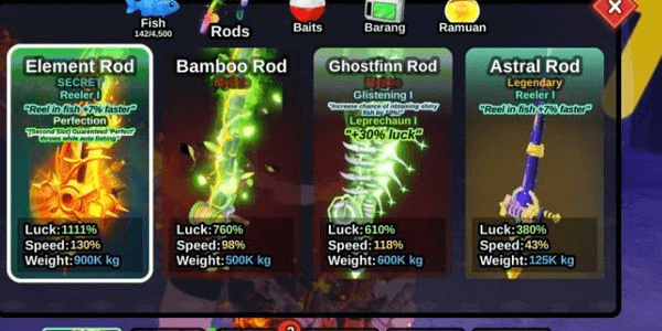 Gambar Product ACCOUNT FISH IT! LVL 923 ROD RIGHT SIDE ENCHANT PERFECT ELEMENT, GHOSTFIN, BAMBOO BAIT SINGU AETHER ETC. BONUS ENCHANT STONE + COIN REMAINING 150M