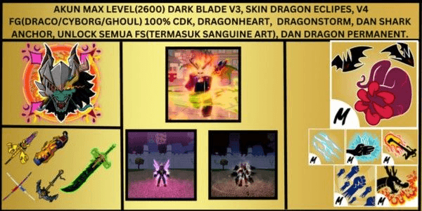Gambar Product Akun Max Level(2600), Dragon Perm, Dragon Skin Eclipse, (CDK, SharkAnchor, DarkBlade V3) V4 FullGear Awakening(Draco/Cyborg/Ghoul)