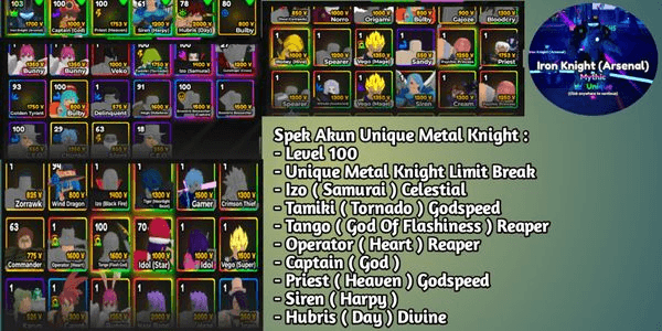 Gambar Product Akun Level 100, Unique Metal Knight + Hubris Divine - Anime Adventure